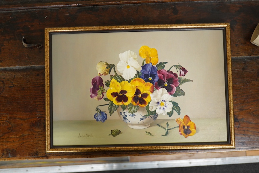 James Noble (1919-1985), oil on board, ‘Pansies in a Worcester bowl’, signed, with accompanying paperwork, 25 x 39cm. Condition - good